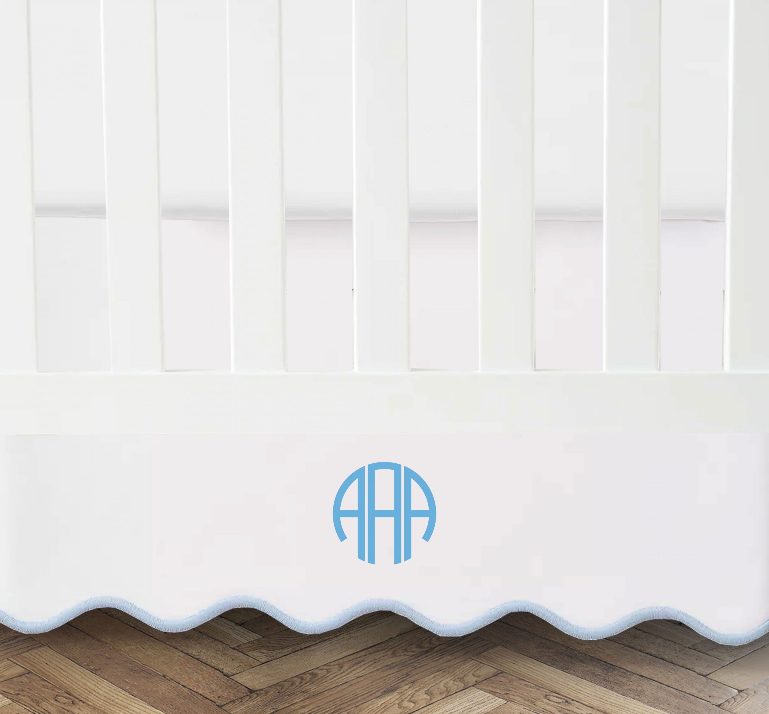 Personalized monogram white100% Cotton Sateen Crib skirt scalloped Embroidery with split corners 4-sided skirt