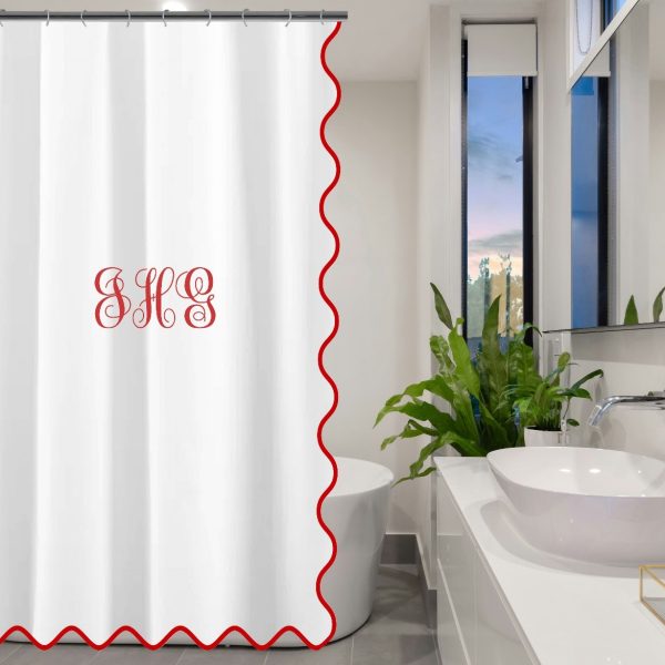 Personalized Monogram scalloped Embroidery shower Curtain White 100% Cotton Sateen