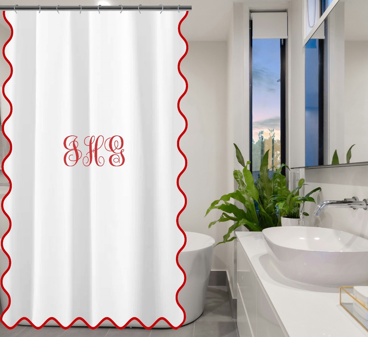 Personalized Monogram scalloped Embroidery shower Curtain White 100% Cotton Sateen