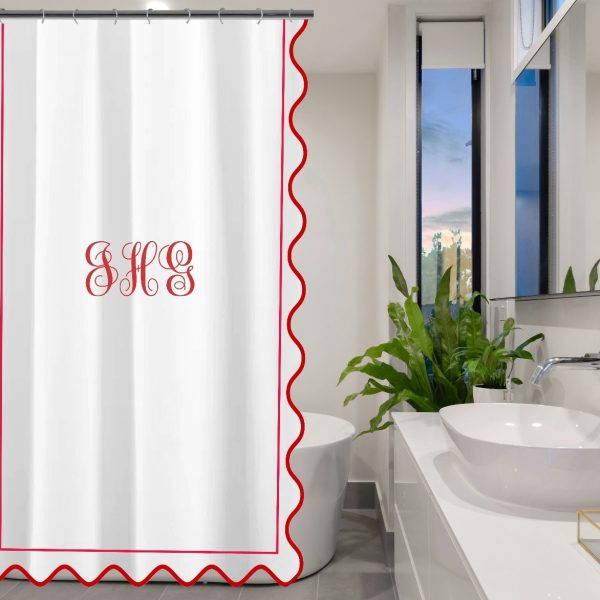 Personalized Monogram White 100% Cotton Sateen scalloped And Border Embroidery shower Curtain