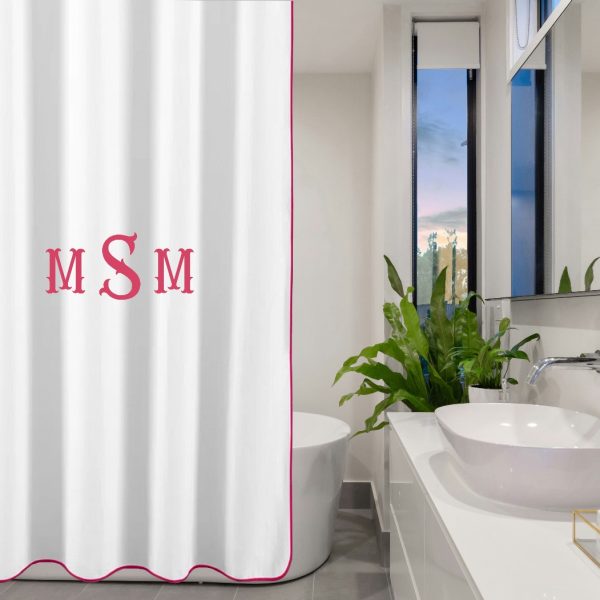 Personalized Monogram 400 Thread Count White 100% Cotton Sateen Edge Embroidery Border Shower Curtain