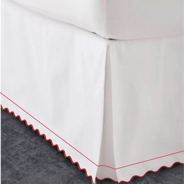 400 Thread Count White Cotton Sateen Scalloped and Border Embroidery Tailored Bed Skirt Three Sided Coverage with Platform