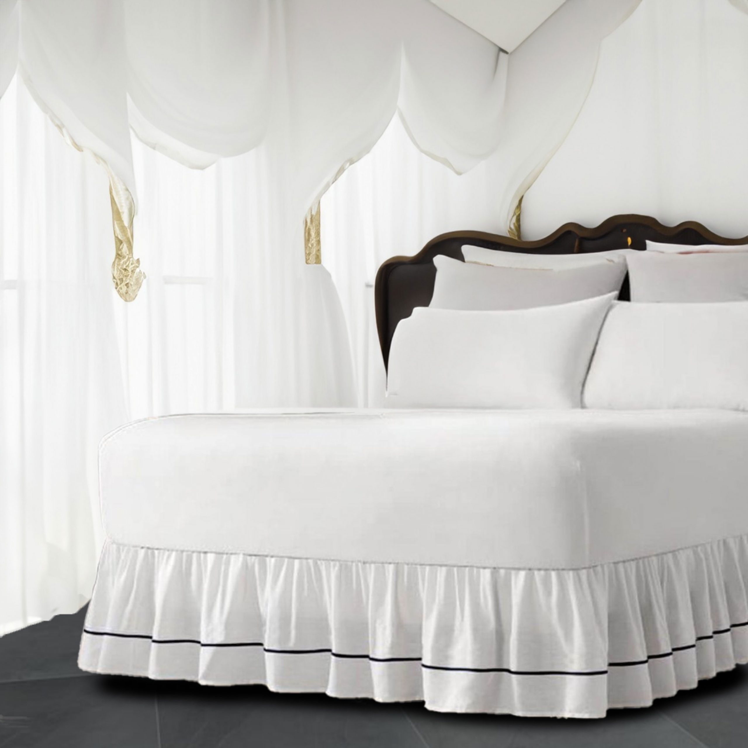 White 100% Cotton Sateen Gathered Bed Skirt in Single Embroidered border Three Sided Coverage with Platform - Image 3