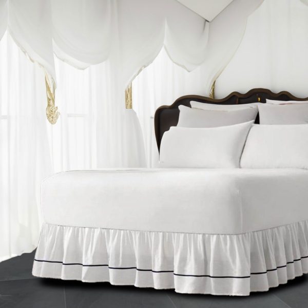 White 100% Cotton Sateen Gathered Bed Skirt in Double Embroidered border Three Sided Coverage with Platform