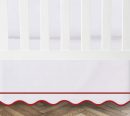 White 100% Cotton Sateen Crib skirt scalloped Embroidery with Border with split corners ; 4-sided skirt fits around the entire crib
