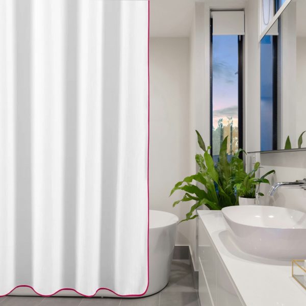 400 Thread Count White 100% Cotton Sateen Edge Embroidery Border Shower Curtain